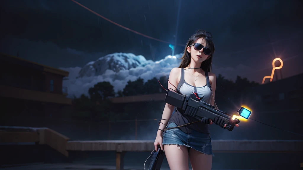 8k, Realistic Skin Texture, Realistic Photo, Neo Tokyo, slim women, large-breast:1.4 cleavage:1.3, AD2050 at night, Dirty hunting jacket, Wearing tube top, miniskirt, (((black sunglasses, automatic rifle, sneakers, cold, shooting pose, very low angle view))), Innovative composition, revenge, cyberpunk, blade runner worldview, Large neon sign, Geisha hologram sign, Strong Wakamoto Sign.