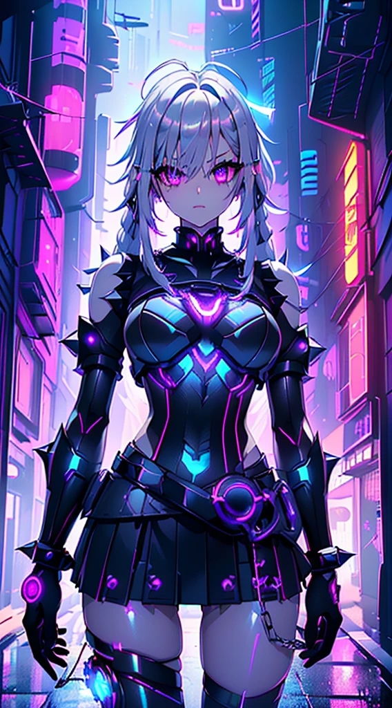 top-quality、Top image quality、masterpiece、Android Girl((sixteen years old 、Broken, skinny , cybersuit glowing black, red and white、neon energy source for the chest 、Light blue shiny hair、Long hair , spiky hair, messy hair, long fringe on hair, holding a chain whip, chains around her body, giant chains, Cyber Skirt、purple neon eyes 、Valley、Happiness、A slender))hiquality、Beautiful Art、Background streets (cyberpunk city、masutepiece、Elaborate design、visualart、Theatrical films, glowing neon eyes, cyberpunk, futuristic, white silver hair, no pupils on eyes