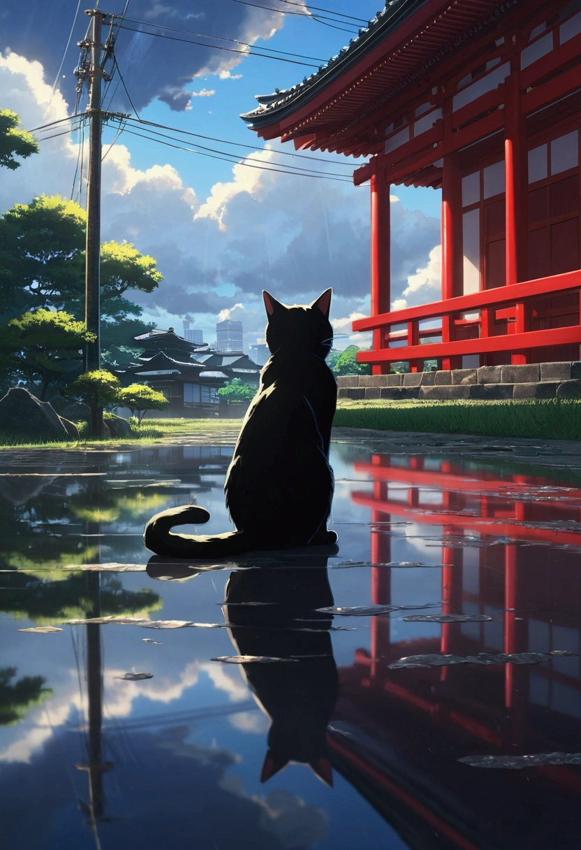 Makoto Shinkai taste, cloudy sky, reflection of light, black cat, after rain, love scene, healing scene, rainy day, hope, dark fantasy, light from the sky, single, red shrine, fantastic world, red temple, (cat ghost), myth, messenger of god, city of Kyoto in the back, cat back