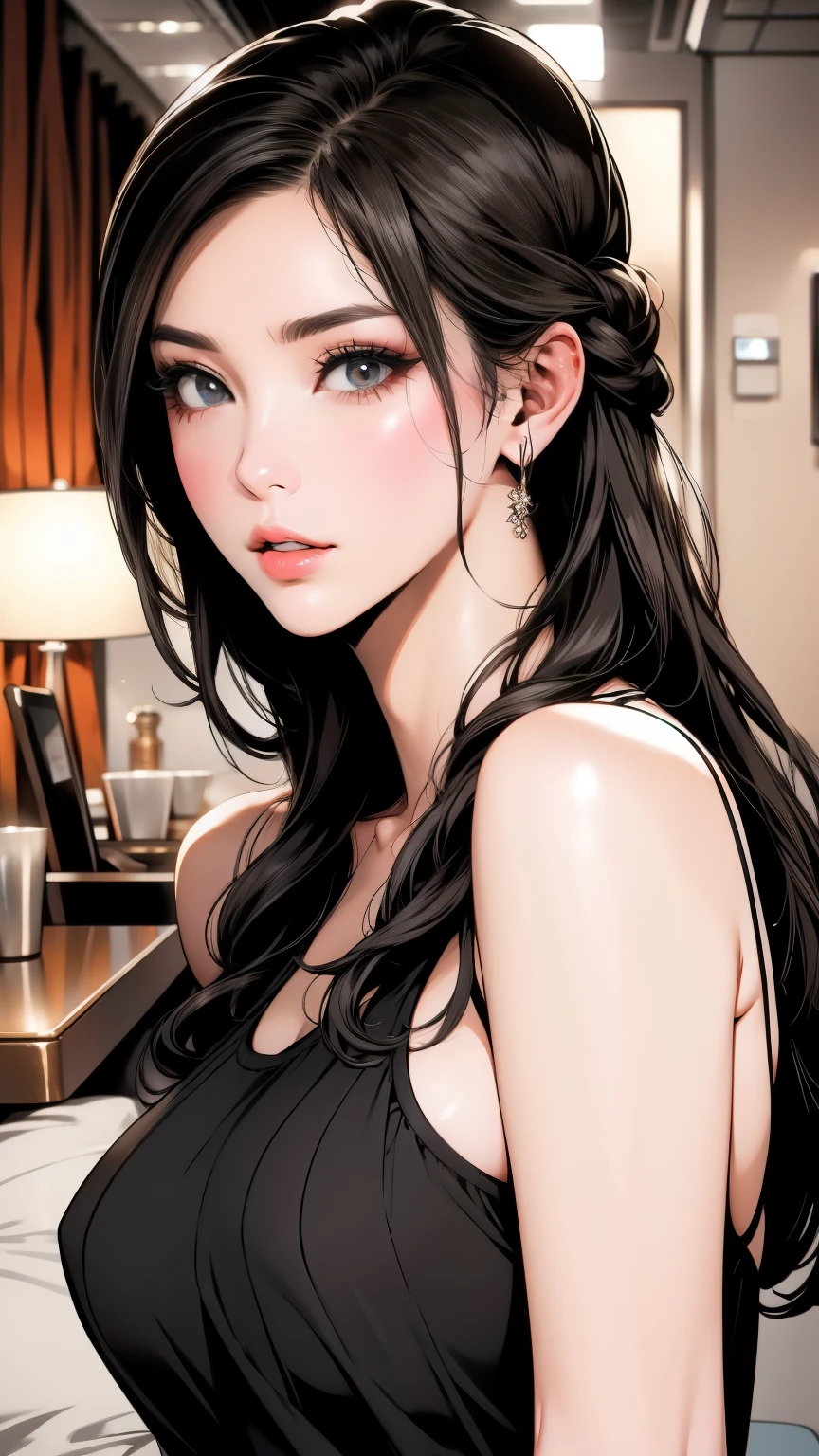 (((best quality))),(((masterpiece))),(((detailed))),(((high resolution))),(((Beautiful and beautiful work: 1.5))),(超high resolution),(((detailedな背景)))8K, RAW photos, best quality,32k,masterpiece,Ultra HD,Beautiful hair, Eyes and face,((Hotel Room)),Pretty Face,((blush, Sweat)), Clear white,(Maid costume),(Extremely detailed, facial)