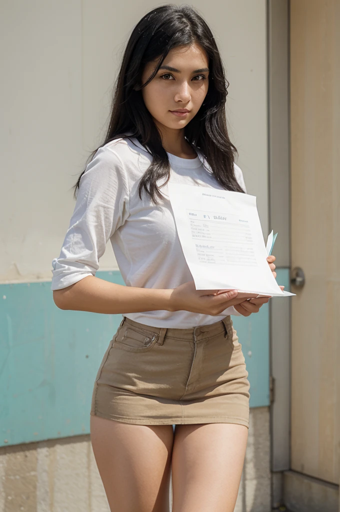 A beautiful woman with black hair and very fair skin, 20 years old, holds a sheet of notebook paper in her hand looking towards the camera
