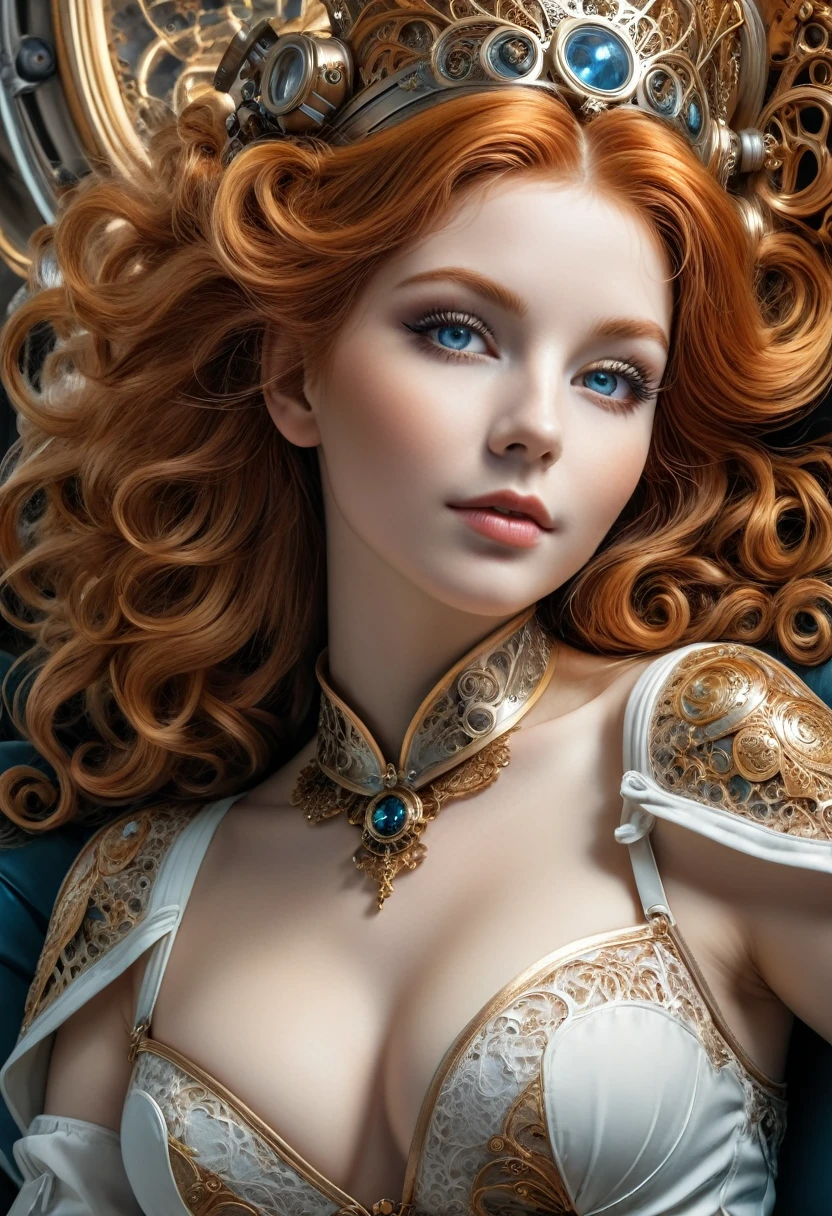 photo, 8k ((surréaliste)) statue d'une sublime femme rousse Steampunk en marbre blanc alangui sur un sofa complexe, plan large, corps entier, souriante et radieuse, bustier étroit incrusté de fines dentelles techniques complexe fractal, bustier effet push-up, complexe, élégante et sensuelle, yeux sublime et intenses, yeux très détaillés, très détaillé, majestueuse, digital photography, art by artgerm and ruan jia and greg rutkowski surréaliste painting gold and silver filigree, (cheveux très long), verre brisé, (chef-d'oeuvre artistique, Éclairage latéral, HDR, Réaliste, HD), sublime grosse poitrine push-up,