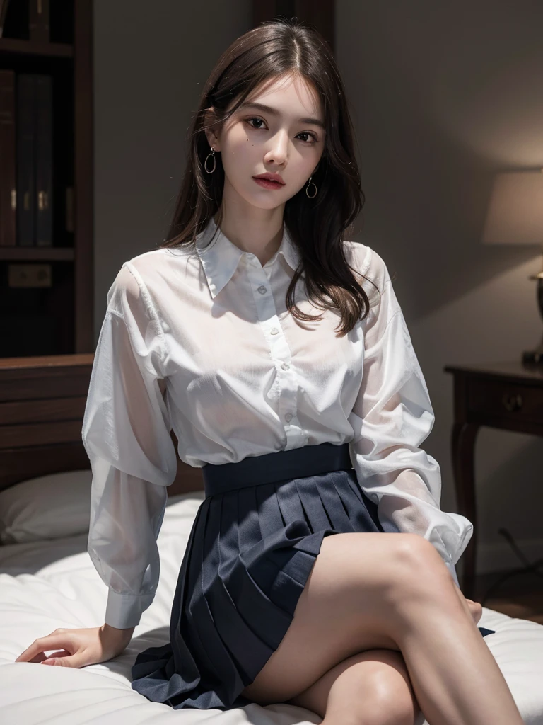 absurdres, RAW photo, extremely delicate and beautiful, masterpiece, Best Quality, ultra high resolution, 32k, hyperrealistic, ultra-detailed, perfect anatomy, super Detailed skin, perfect figure, Super Beauty, Perfect Style, Perfect balance, Beautiful Lighting, Perfect Lightning, Realistic Shadows, 20 years old, very Slim body, narrow waist, very small head, very small face, delicate facial features, handsome detailed woman, very detailed eyes and face, realistic face proportions, Realistic beautiful face, Realistic beautiful eyes, tearful mole, earring, very huge round breasts, legs, medium hair, whole body shot, indoor, school_uniform, dress shirt, pleated skirt,