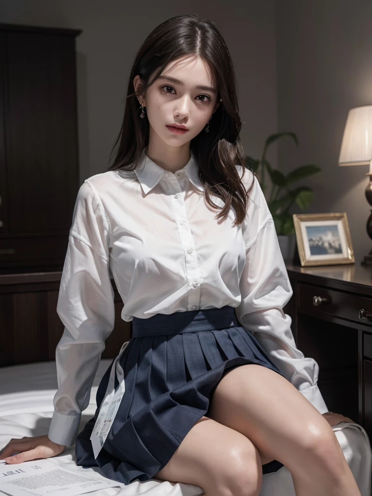 absurdres, RAW photo, extremely delicate and beautiful, masterpiece, Best Quality, ultra high resolution, 32k, hyperrealistic, ultra-detailed, perfect anatomy, super Detailed skin, perfect figure, Super Beauty, Perfect Style, Perfect balance, Beautiful Lighting, Perfect Lightning, Realistic Shadows, 20 years old, very Slim body, narrow waist, very small head, very small face, delicate facial features, handsome detailed woman, very detailed eyes and face, realistic face proportions, Realistic beautiful face, Realistic beautiful eyes, tearful mole, earring, very huge round breasts, legs, medium hair, whole body shot, indoor, school_uniform, dress shirt, pleated skirt,