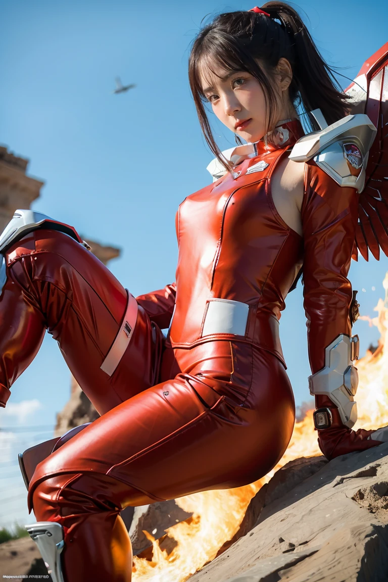 1girl, Absurd resolution, high resolution, (masterpiece: 1.4), hyper-detail, a mech, red armor with red wings, floating flight in the sky (1.8) background is wild, fire, full bodysuit, 