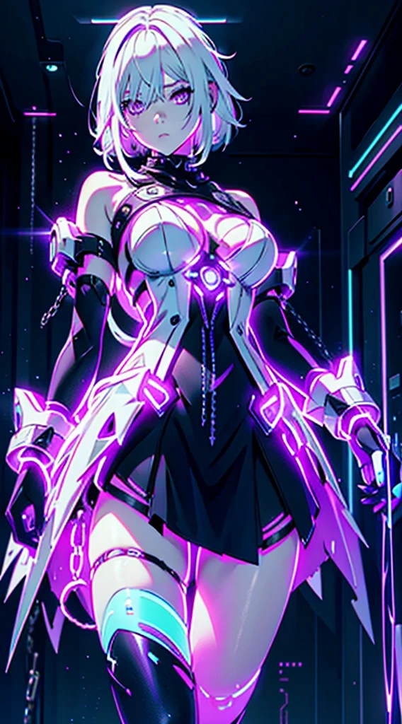 Android Girl,white hair,short and messy hair, purple neon eyes, Holding a chain whip, chains on the hands, circular chains over body, cute, skirt, white blouse, cyberpunk style, eletronic gloves, mecanic parts, eletronic details,living room background.HD lighting and dark )(epic image quality) dark atmosphere with bright particle light(many effects in background), fullbody shot, robot, neon tweaks, cyberpunk theme