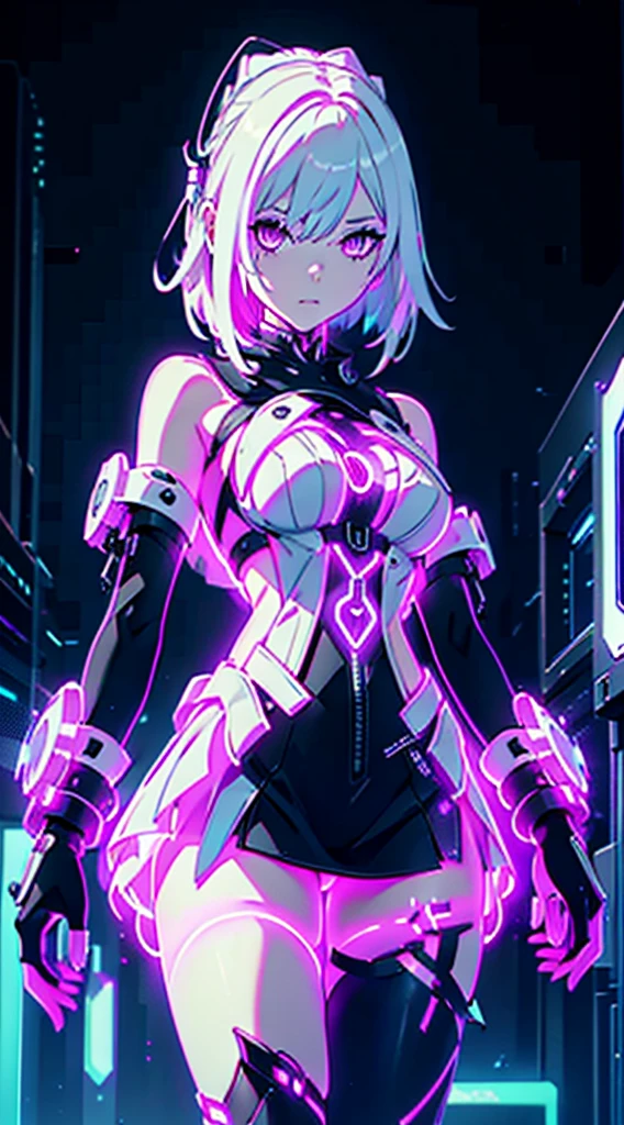 Android Girl,white hair,short and messy hair, purple neon eyes, Holding a chain whip, chains on the hands, circular chains over body, cute, skirt, white blouse, cyberpunk style, eletronic gloves, mecanic parts, eletronic details,living room background.HD lighting and dark )(epic image quality) dark atmosphere with bright particle light(many effects in background), fullbody shot, robot, neon tweaks, cyberpunk theme