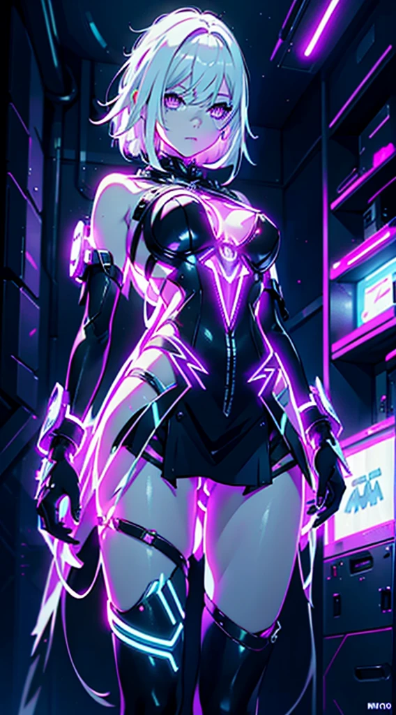Android Girl,white hair,short and messy hair, purple neon eyes, Holding a chain whip, chains on the hands, circular chains over body, cute, skirt, white blouse, cyberpunk style, eletronic gloves, mecanic parts, eletronic details,living room background.HD lighting and dark )(epic image quality) dark atmosphere with bright particle light(many effects in background), fullbody shot, robot, neon tweaks, cyberpunk theme