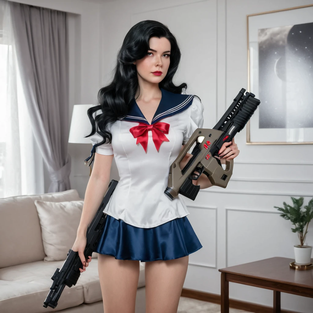 a woman in a satin sailor outfit standing in a living room, holding with both hands a M41A pulse Rifle , in style of artgerm, moon shining, cosplay, a sexy warrior, long wavy black hair, trevor brown style, award - winning photo, lunar cycles, photo realistic, 8k vibrant colors