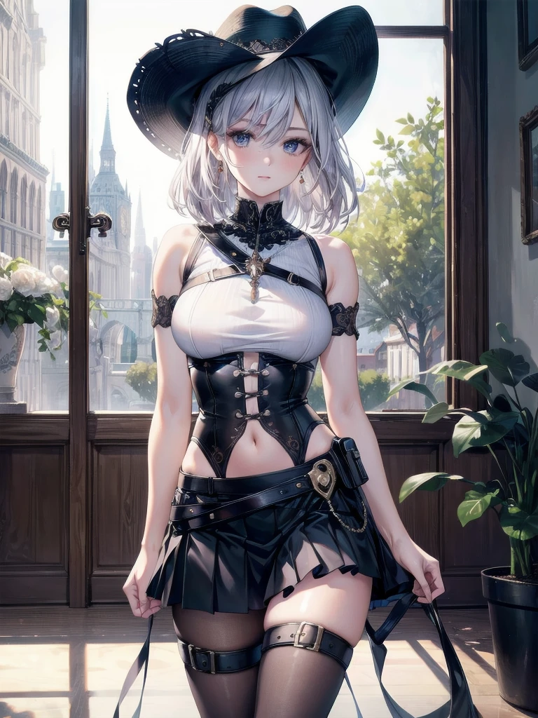 cool cowgirl, fantasy adventurer, cowboy hat, decorated hooded armor jacket, cross belt, Brown leather pants, Red leather long boots, absurdres, RAW photo, extremely delicate and beautiful, masterpiece, Best Quality, ultra high resolution, 32k, hyperrealistic, ultra-detailed, detailed description, pale skin, 20 years old, tearful mole, earring, big tits, short medium hair, wavy hair, whole body shot,