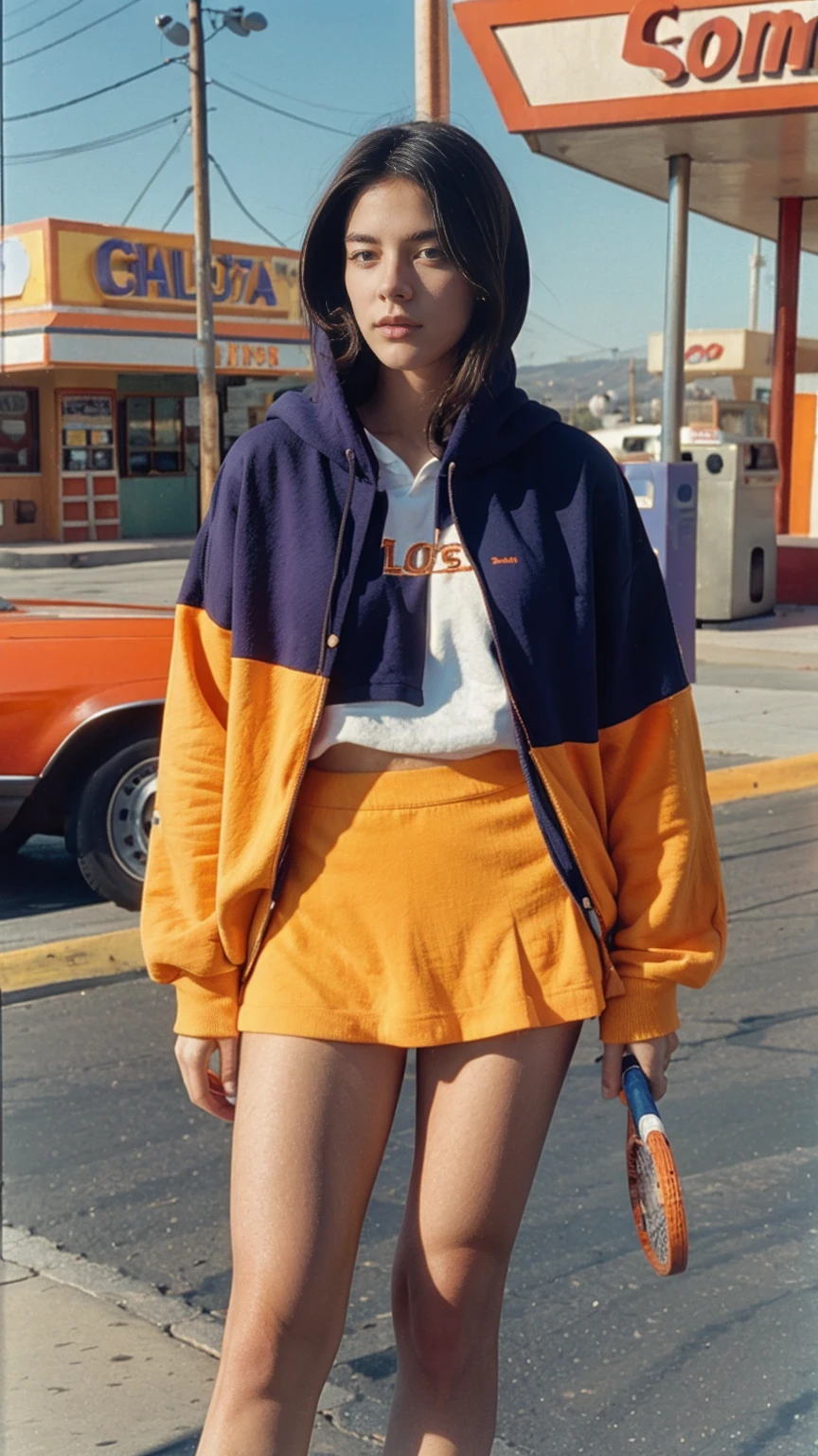 photo cinematic photograph long shot portraits by Wes Anderson, cute 23 yo girl ,fokus, bokeh ,wear ((orange color oversized_hoodie)), wear ((purple tennis skirt)),looking front,Best Quality,Masterpiece,Ultra High Resolution,(Realisticity:1.4),Original Photo, 1Girl, light leak,ultra high resolution,UHD,beautiful, (black bob hair), almond eye, no makeup, in front of ((80's colorful los angles gas station)), (realistic:1.2), (surreal:1.3), (very detailed:1.1), ((masterpiece)),summer, blue sky, palm trees,sunny, los angles vibes,film camera, 800mm lens,style of Philip Lorca diCorcia