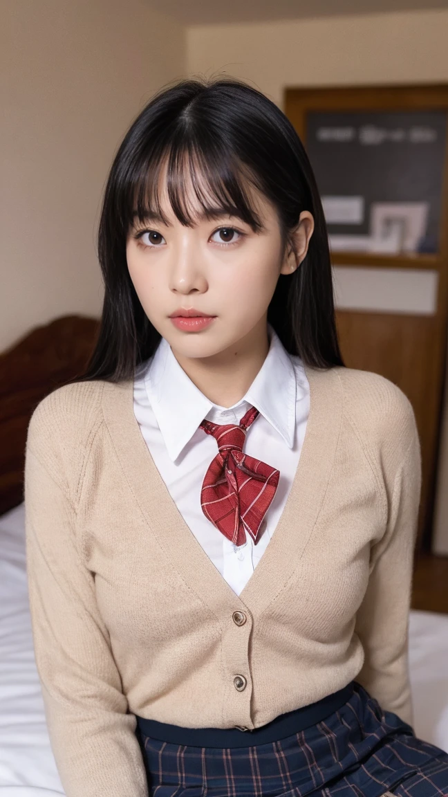(((8k、High resolution、Highest quality、High resolution)))alone、Natural body shape、White skin、Natural Makeup、Black Hair、bangs、Straight Long Hair、、((High School Uniform)) 、((Beige cardigan、white collared long sleeve blouse))、((Red Plaid Pleated Skirt))、(red school ribbon)、、(Big Breasts:1.3)、((The upper body is wearing a uniform))、(((((Looking into the camera)))))、(((Head to shin portrait)))、(((Exposing thighs)))、Bedroom、On the bed、Sit with your legs apart、((Focus on the crotch))、White socks