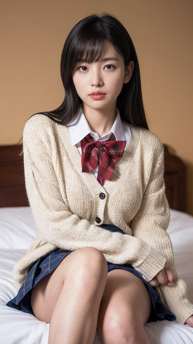 (((8k、High resolution、Highest quality、High resolution)))alone、Natural body shape、White skin、Natural Makeup、Black Hair、bangs、Straight Long Hair、、((High School Uniform)) 、((Beige cardigan、white collared long sleeve blouse))、((Red Plaid Pleated Skirt))、(red school ribbon)、、(Big Breasts:1.3)、((The upper body is wearing a uniform))、(((((Looking into the camera)))))、(((Head to shin portrait)))、(((Exposing thighs)))、Bedroom、On the bed、Sit with your legs apart、((Focus on the crotch))、White socks