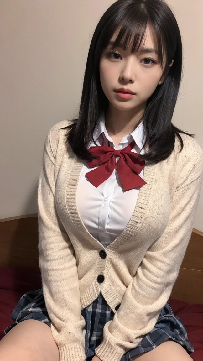 (((8k、High resolution、Highest quality、High resolution)))alone、Natural body shape、White skin、Natural Makeup、Black Hair、bangs、Straight Long Hair、、((High School Uniform)) 、((Beige cardigan、white collared long sleeve blouse))、((Red Plaid Pleated Skirt))、(red school ribbon)、、(Big Breasts:1.3)、((The upper body is wearing a uniform))、(((((Looking into the camera)))))、(((Head to shin portrait)))、(((Exposing thighs)))、Bedroom、On the bed、Sit with your legs apart、((Focus on the crotch))、White socks