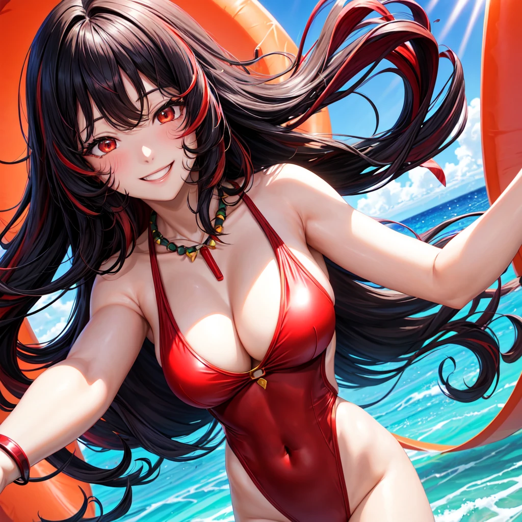 NSFW, (((Uncensored))), (((Clear picture))). high image quality, high resolution, 18 year old beautiful girl、shiny black hair、Hime cut、Brown eyes, dark eyebrows, J-cup huge breasts、172cm tall、tightened waist,、red bikini, sexy pose, Sandy Beach、Blue sky