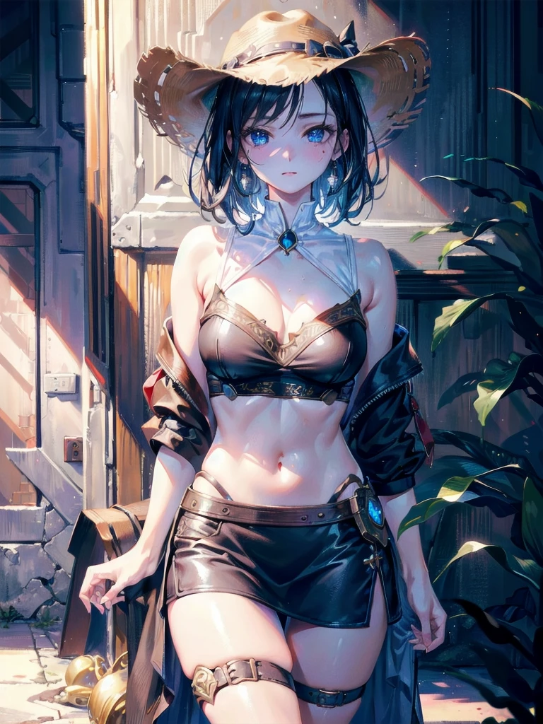absurdres, RAW photo, extremely delicate and beautiful, masterpiece, Best Quality, ultra high resolution, 32k, hyperrealistic, ultra-detailed, perfect figure, in her 20s, very small head, very small face, delicate facial features, tearful mole, earring, huge breasts, full body shot, medium hair, black hair, Colored inner hair, casual, blouse, white shirt, buttoned shirt, bare shoulders, navel, shorts, straw hat,
