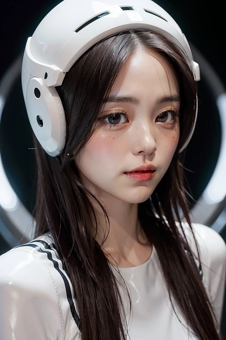1 brunette beauty, (white) (one-piece tight latex suit), (spacesuit) ((spacehelmet))((white gloves), {{illustration}}, {extreme sophistication and beauty}, {delicate makeup}, ultra-detailed, sexy, delicate glowing eyes, {{cinematic light}}, extreme light effect, model: cinematic realism, CFG scale: 12, LoRA: bright texture (1.35), high quality, masterpiece, delicate facial features, delicate hair depiction, delicate eye portrayal, masterpiece, highest quality, ray tracing, extremely detailed CG unity 8k wallpaper, masterpiece, best quality
