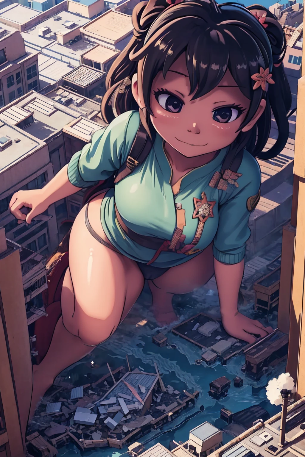 Tokyoのビル街、giantess、smile、迫力のあるLow - Angle、walk、Adult women、anime、エロanime、変態anime、nude、Sunset、blush、Black Hair、steam、Urban area、Tokyo、Woman looking down on a dwarf、Low - Angle、View from the main street、Woman destroying a small metropolis、rubble、Collapsed small buildings、A small abandoned village、Small residents fleeing、A woman who enjoys destruction