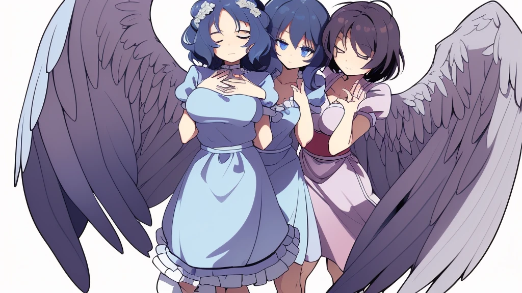 (best quality,4k,8k,highres,masterpiece:1.2), top-quality(masterpiece), top-quality, ultra-detailed, highly detailed texture, intricate details, high quality textures, A cute teenage angel with blue eyes, big pink ribbon in her hair, drawn in anime style, 1girl, (((1girl in))), , 10 years old, (((lori))), medium blue hair, hair flaps, pink ribbon on head, well-formed face, Beautiful face, blue eyes, pretty eyes, angel girl, white blouse, puffy short sleeves, red ribbon, angel wings, long white skirt, red shoes, frills, ribbon head, A pair of angel wings on the back, clean line drawings, cute, from behind, to lift up one’s skirt, cowboy shot, from front, standing , raise one leg, crossed arms, arms up behind, arms behind back, hand between legs, put hands hip, one hand on hip, forward hands, arms raised in the air, punch hands, peace sign, waving, put up index finger, sit, lie down, closed eyes, lie face down, looking back, put one hand chest, leaning forward, cleavage, close up, horizontally outstretched arms, horizontally outstretched legs, front view, front face, huge breasts for short stature, cleavage is clearly visible ,G-Cup