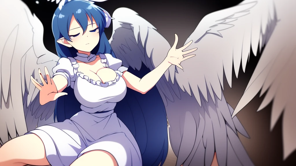 (best quality,4k,8k,highres,masterpiece:1.2), top-quality(​masterpiece), top-quality, ultra-detailed, highly detailed texture, intricate details, high quality textures, A cute teenage angel with blue eyes, big pink ribbon in her hair, drawn in anime style, 1girl, (((1girl in))), , 10 years old, (((lori))), medium blue hair, hair flaps, pink ribbon on head, well-formed face, Beautiful face, blue eyes, pretty eyes, angel girl, white blouse, puffy short sleeves, red ribbon, angel wings, long white skirt, red shoes, frills, ribbon head, A pair of angel wings on the back, clean line drawings, cute, from behind, to lift up one’s skirt, cowboy shot, from front, standing , raise one leg, crossed arms, arms up behind, arms behind back, hand between legs, put hands hip, one hand on hip, forward hands, arms raised in the air, punch hands, peace sign, waving, put up index finger, sit, lie down, closed eyes, lie face down, looking back, put one hand chest, leaning forward, cleavage, close up, horizontally outstretched arms, horizontally outstretched legs, front view, front face, huge breasts for short stature, cleavage is clearly visible ,G-Cup