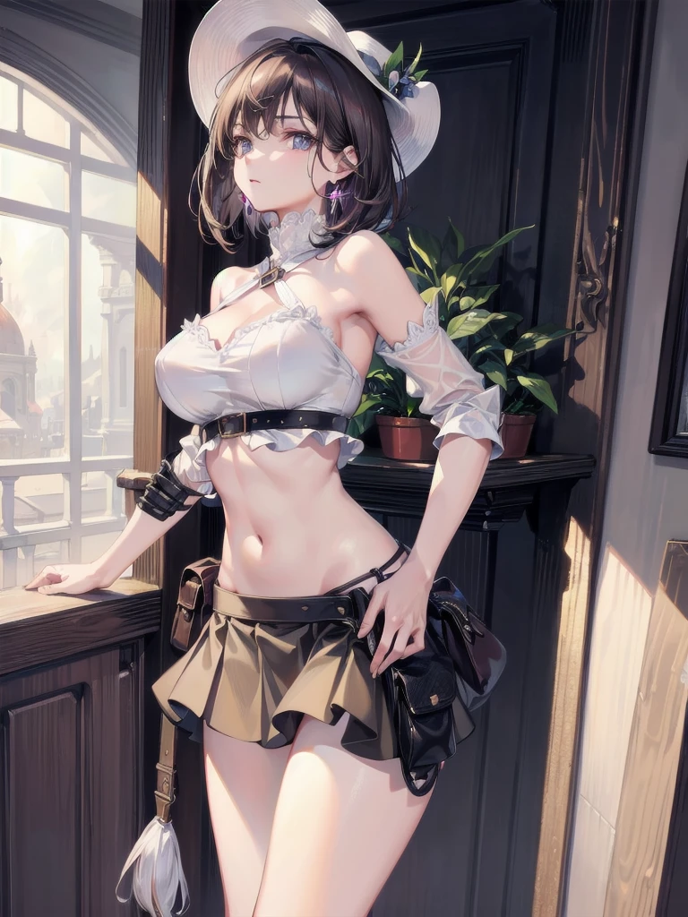 1woman, medium breasts, tiny waist, medium butt, skinny, thigh gap, wearing white lace bra, wearing white gaterbelt, wearing white lace panties, wearing white stockings, wearing black police cap, brown hair, pixie haircut, green eyes, long eyelashes, thick eyeliner, luscious eyelashes