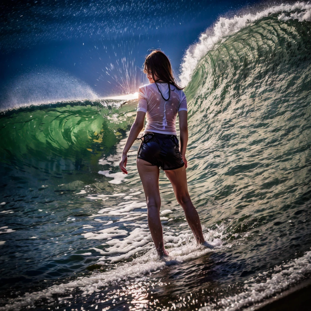 (ZoomedOut:1.28, Wide-shot) ZoomLayer (Epic photo of surfer magazine:1.37). (Full of Water, Everything Wetted:1.4) WetHair (extremely detailed Cute Girl)(SparklingHighlights:1.28), Dynamic Joyful Expressions LifeLike Rendering  . Overflowing Gigantic Sideboob (Clearly Visible Beautiful Breast to Buttocks Line) Tiny and Roundly Butt, Detailed wet clothing texture, (Sloppy Surfboard:-1.2) Riding on waves, Sparkling water, TyndallEffect(Starry Water Particles:1.32), {Wet T-shirt}, Whole Body proportions and all limbs are anatomically accurate