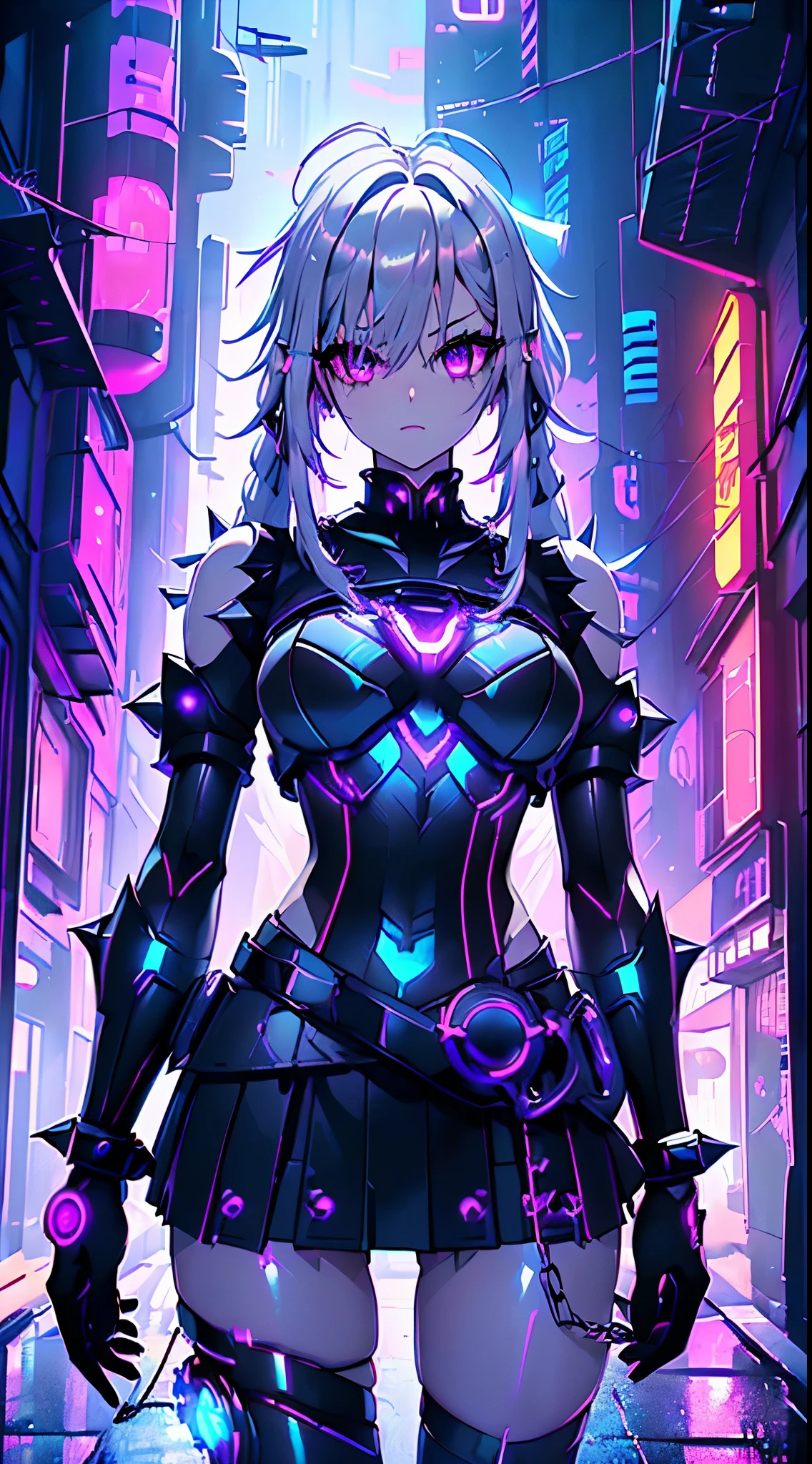 top-quality、Top image quality、​masterpiece、Android Girl(( 、Broken, skinny , cybersuit glowing black, red and white、neon  energy source for the chest 、Light blue shiny hair、Long hair , spiky hair, messy hair, long fringe on hair, holding a chain whip, chains around her body, giant chains, Cyber Skirt、purple neon eyes 、Valley、Happiness、A slender)）hiquality、Beautiful Art、Background streets (cyberpunk city、masutepiece、Elaborate design、visualart、Theatrical films, glowing neon eyes, cyberpunk, futuristic, white silver hair, no pupils on eyes