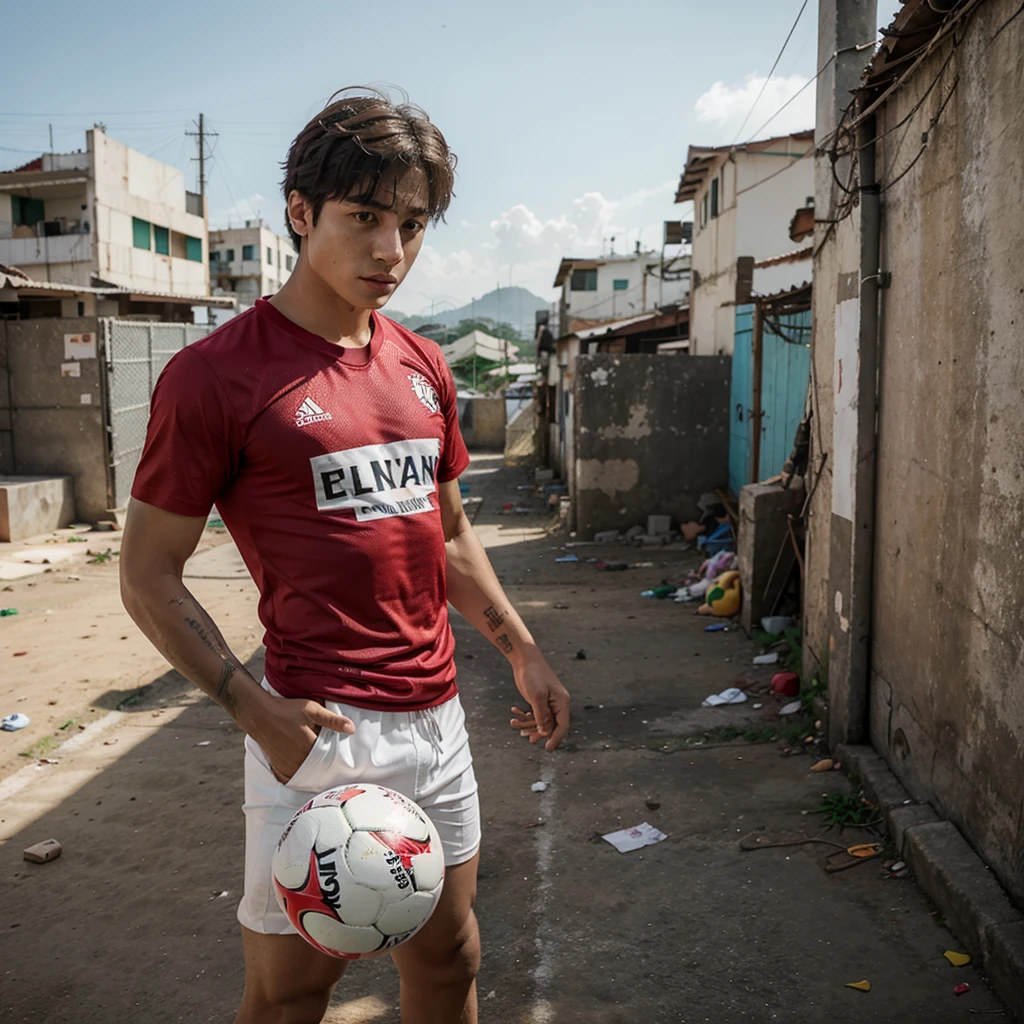 Jungkook in the Rio de Janeiro favela playing football with the Flamengo shirt
