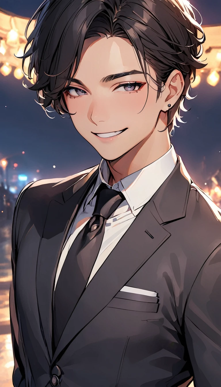 A handsome man with short black hair is wearing a charcoal gray suit. He in smile.