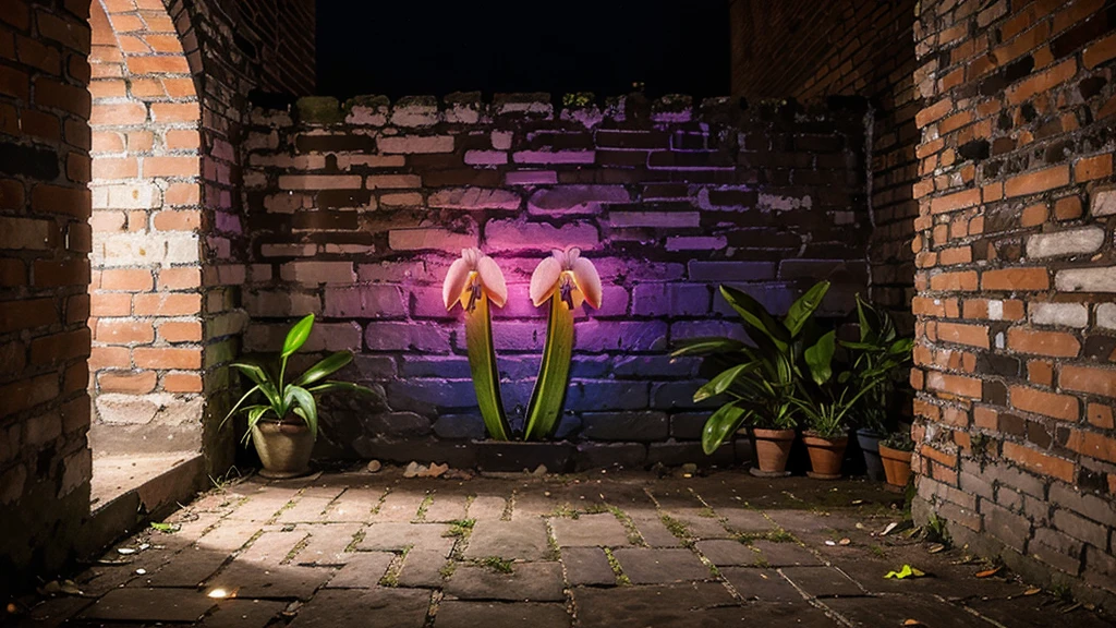 Night oil painting of Lady Slipper Orchid glows with colorful neon. Grows from brick cracks in old walls. The picture has clear details.