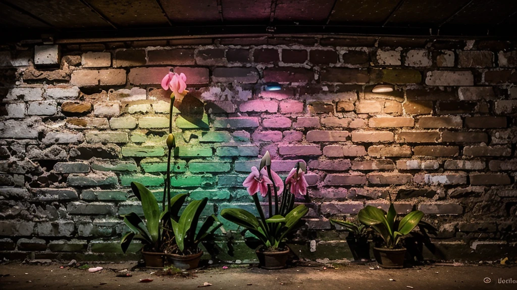 Night oil painting of Lady Slipper Orchid glows with colorful neon. Grows from brick cracks in old walls. The picture has clear details.