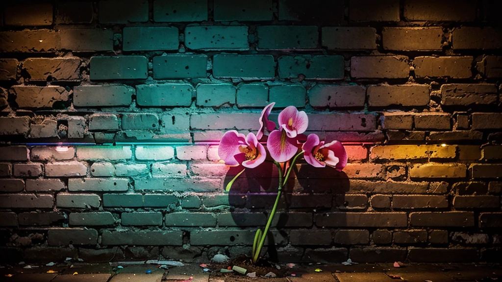 Night oil painting of Lady Slipper Orchid glows with colorful neon. Grows from brick cracks in old walls. The picture has clear details.