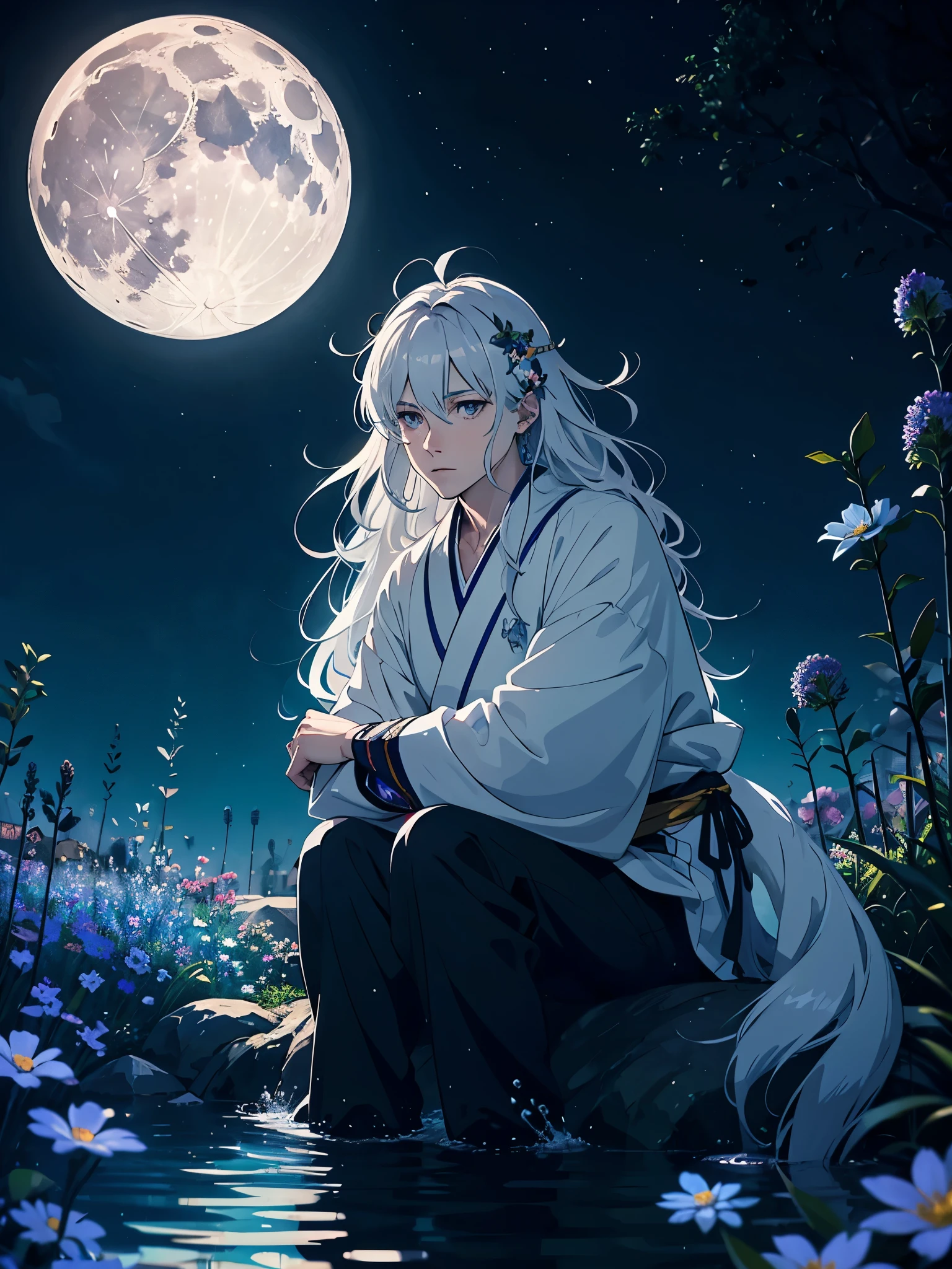 Silberner Schmuck. Kimono! Big Wolf. day lights. More anime. light blue light. Bright bright light. magical. Moon. Sitting on a big white wolf. Lightening flowers. More anime. male. Blue flowers. Long hair. long white hair. aquatic, boy, God of the Moon, silver hair accessories, White hair.