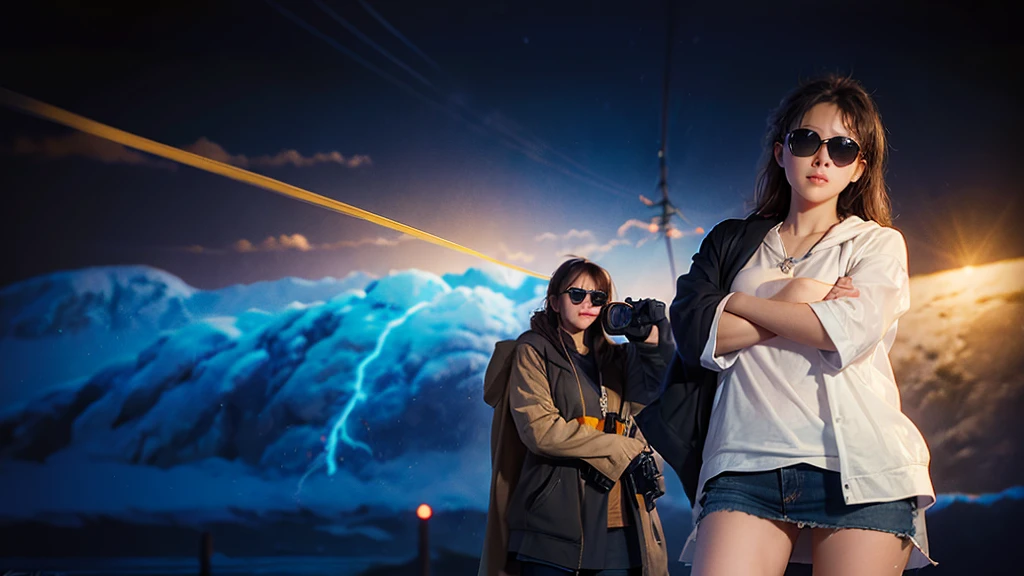 ​masterpiece, background with Fantastic Great Storm, lightning bolt, lightning, plural, very heavy rain, Depth Planets that glow rainbow colors. (((1girl, solo, alone))), large-breast:1.2 slim body, cleavage:1.1, sexy miniskirt, (((((headphone, black sunglasses, standing and holding pistol pose))))), (((half-body thigh level medium shot))), cinematic lighting, lens flare, ray tracing.
