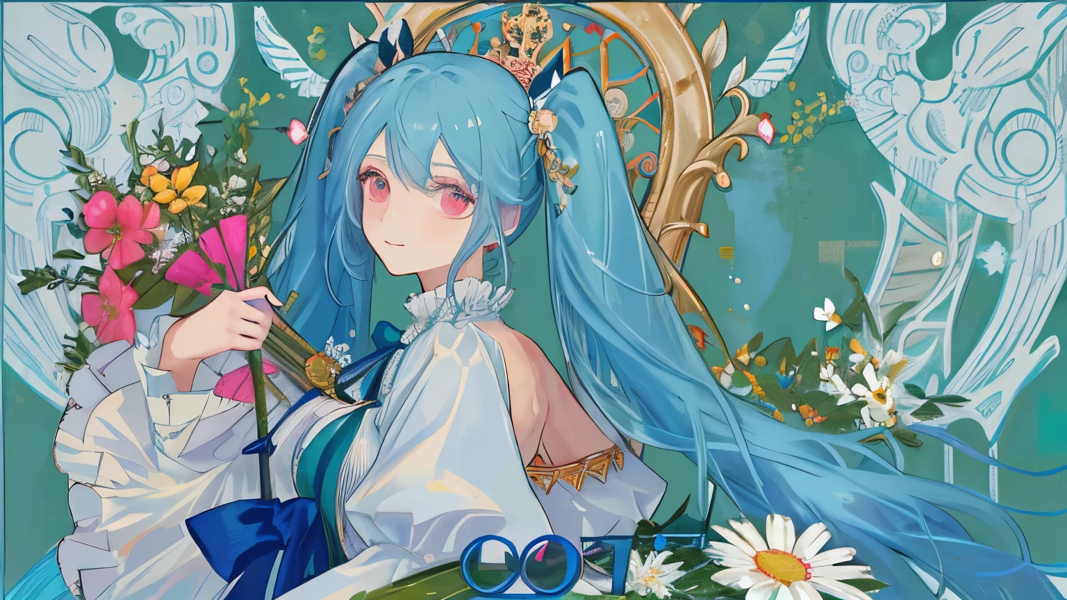 ((best quality)), ((masterpiece)), (detailed)（Baroque），Bright colors，Close-up of facial features，flower necklace, ribbon choker, popped collar, (hand to mouth:1.1), long hair, (red hair:1.1), (twin drills:1.21), (looking at viewer:1.21), chain necklace, border，White Dress。Blue Background，Garland decoration