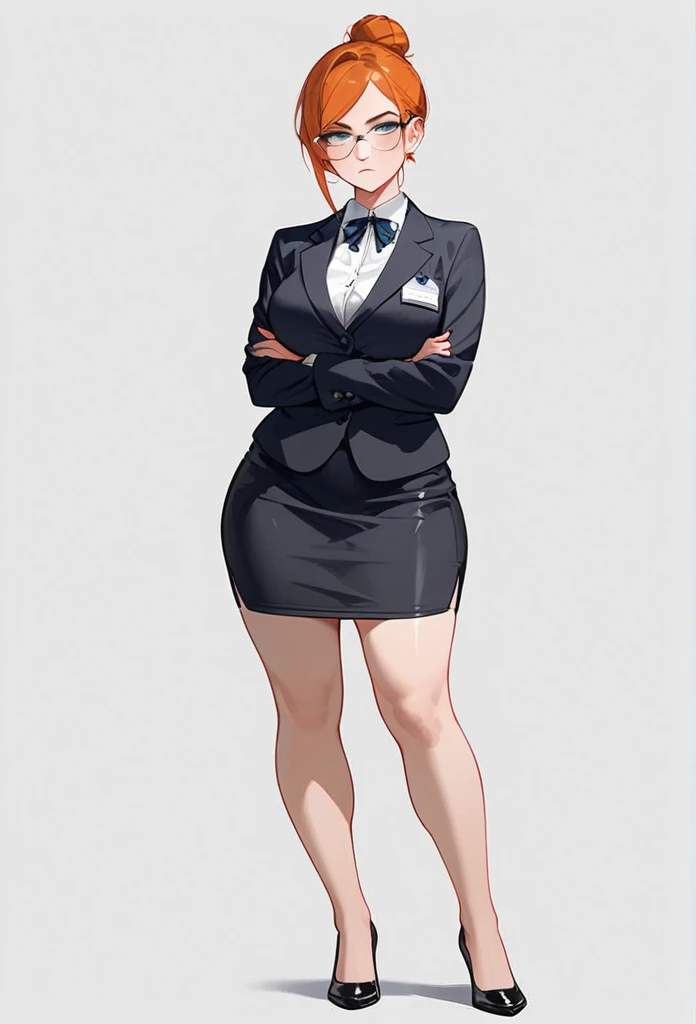 pale adult woman, large breasts, very thick thighs, wide hips, short ginger hair in a sleek hairbun, glasses, tight black blazer, tight black pencil skirt, thick thighs pressed together, wearing small black high heels, bored expression, strict teacher, facing forward, she is standing, legs and feet in the photo, crossing arms under her chest, un amused facial expression