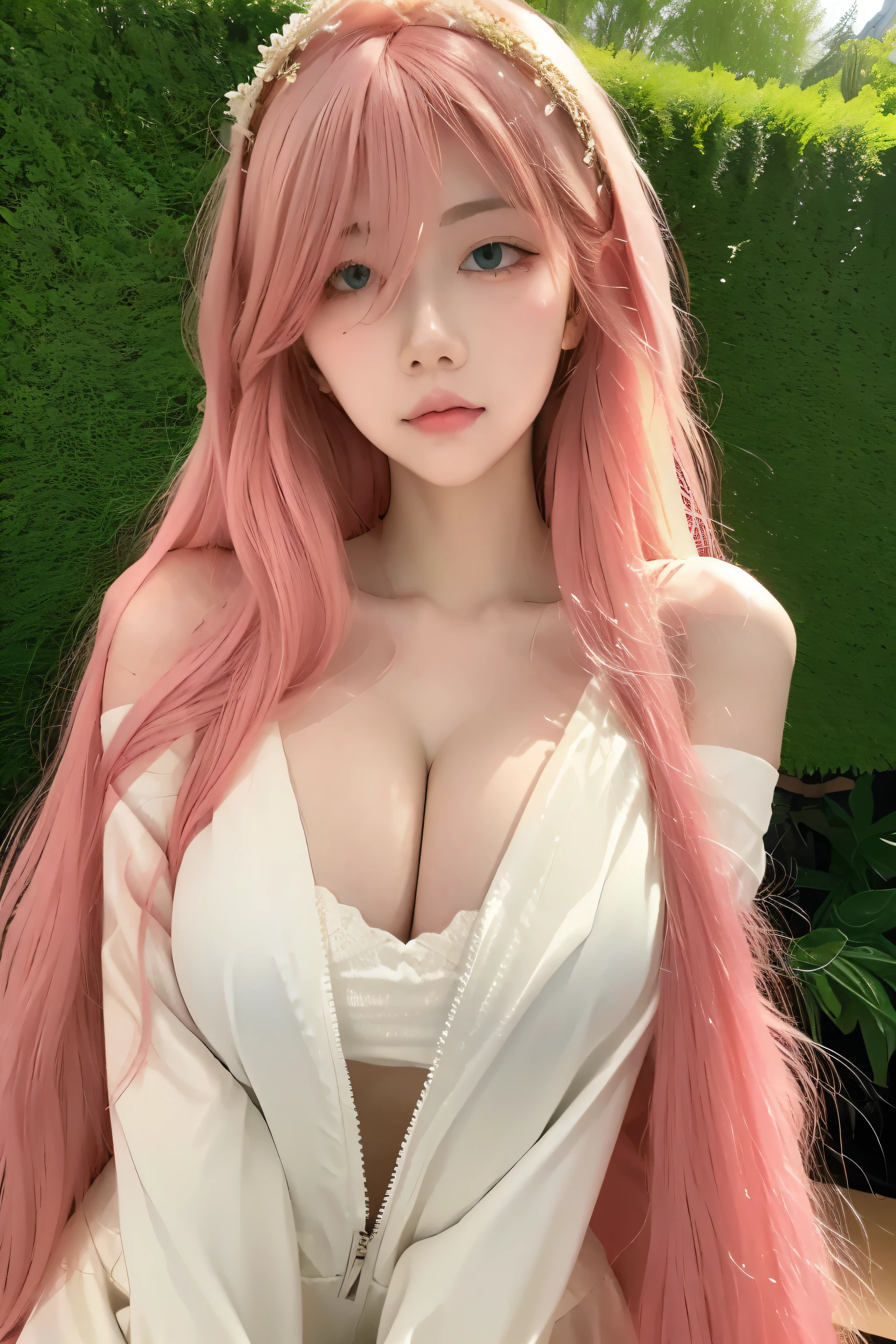 Beautiful woman with perfect body:1.4,Prominent cleavage,Layered Hairstyle,Highly detailed face and skin textures,Double eyelids,Skin Whitening,Long hair,Whitened long legs,Half chest wedding dress,Pink Hair