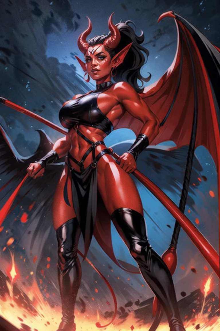 Red skin succubus tiefling, medium breasts, black horns, wings, huge tail, black leather, crop top, long flowing pelvic curtain, tall, toned, graceful, thin, long black ponytail. Action scene, whip. Dark scene, explosions, night sky.