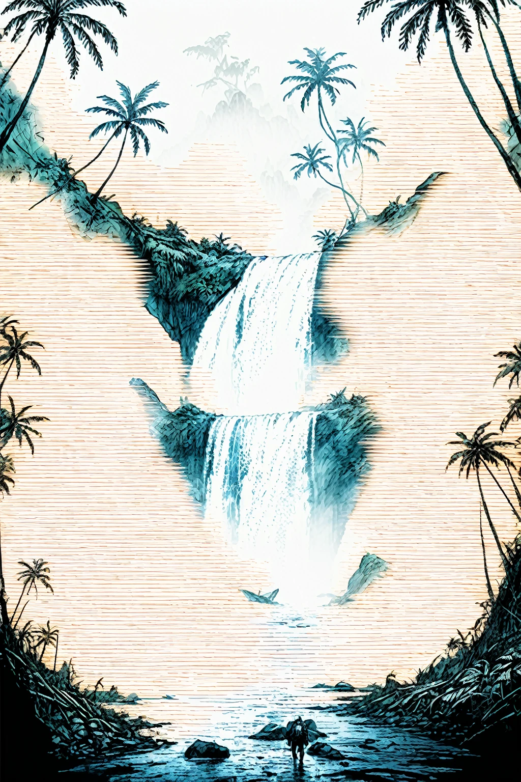 mysterious island, cinematic, image within image, multiple exposure, showcase island, over the shoulder, traversing path, tropical, rewilding, entropy, gritty, noir, 1990s, hand drawn, realism, traveling through jungle, waterfall, sense of adventure and danger, rough expressive sketch style, 