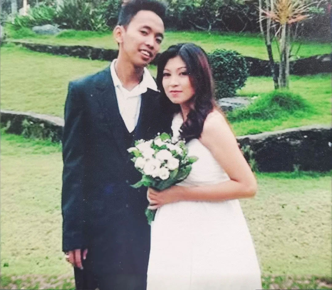 Repair groom legs,brides long gown and background