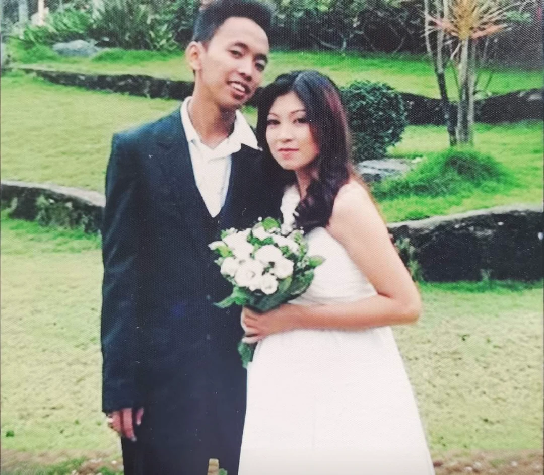 Repair groom legs,brides long gown and background
