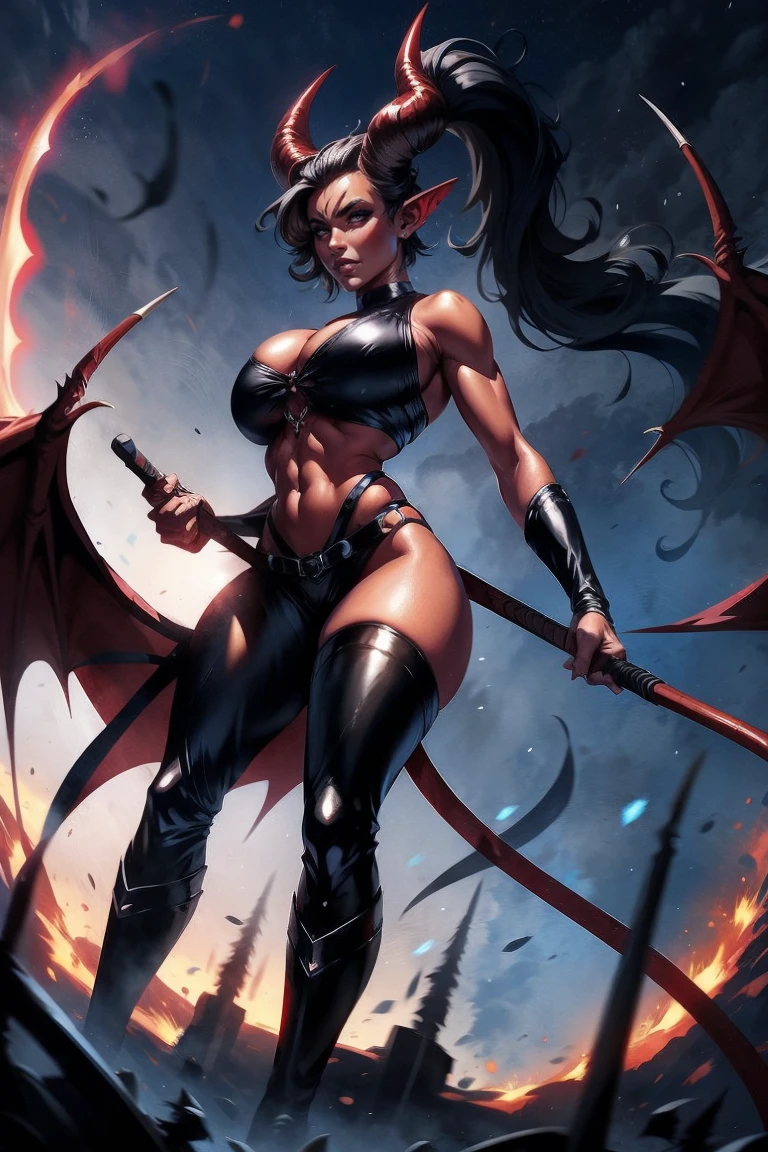 Red skin succubus tiefling, medium breasts, black horns, wings, huge tail, black leather, crop top, cleavage, long flowing pelvic curtain, tall, toned, graceful, thin, long black ponytail. Action scene, whip. Dark scene, explosions, night sky.