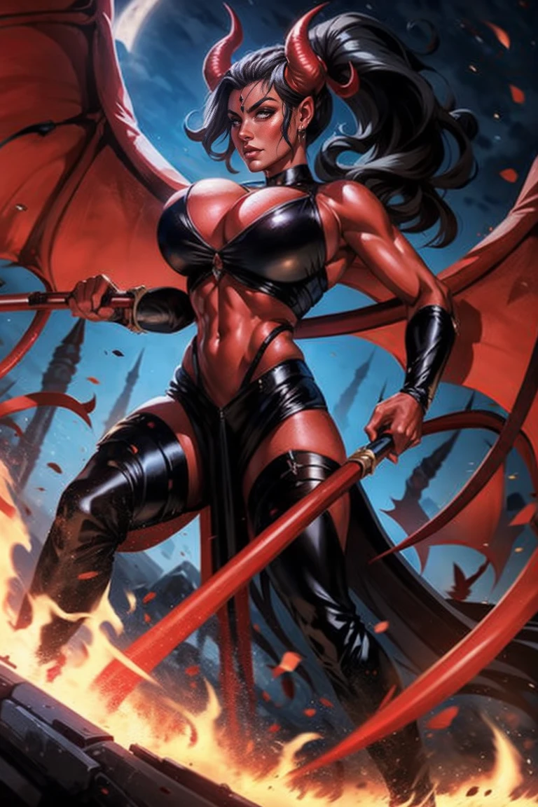 Red skin succubus tiefling, medium breasts, black horns, wings, huge tail, black leather, crop top, cleavage, long flowing pelvic curtain, tall, toned, graceful, thin, long black ponytail. Action scene, whip. Dark scene, explosions, night sky.