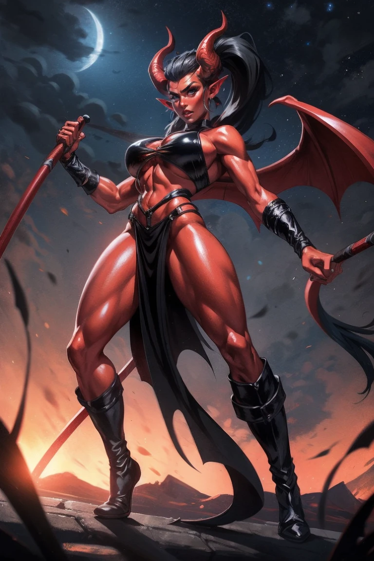 Red skin succubus tiefling, medium breasts, black horns, wings, huge tail, black leather, crop top, sideboob, long flowing pelvic curtain, tall, toned, graceful, thin, long black ponytail. Action scene, whip. Dark scene, explosions, night sky.