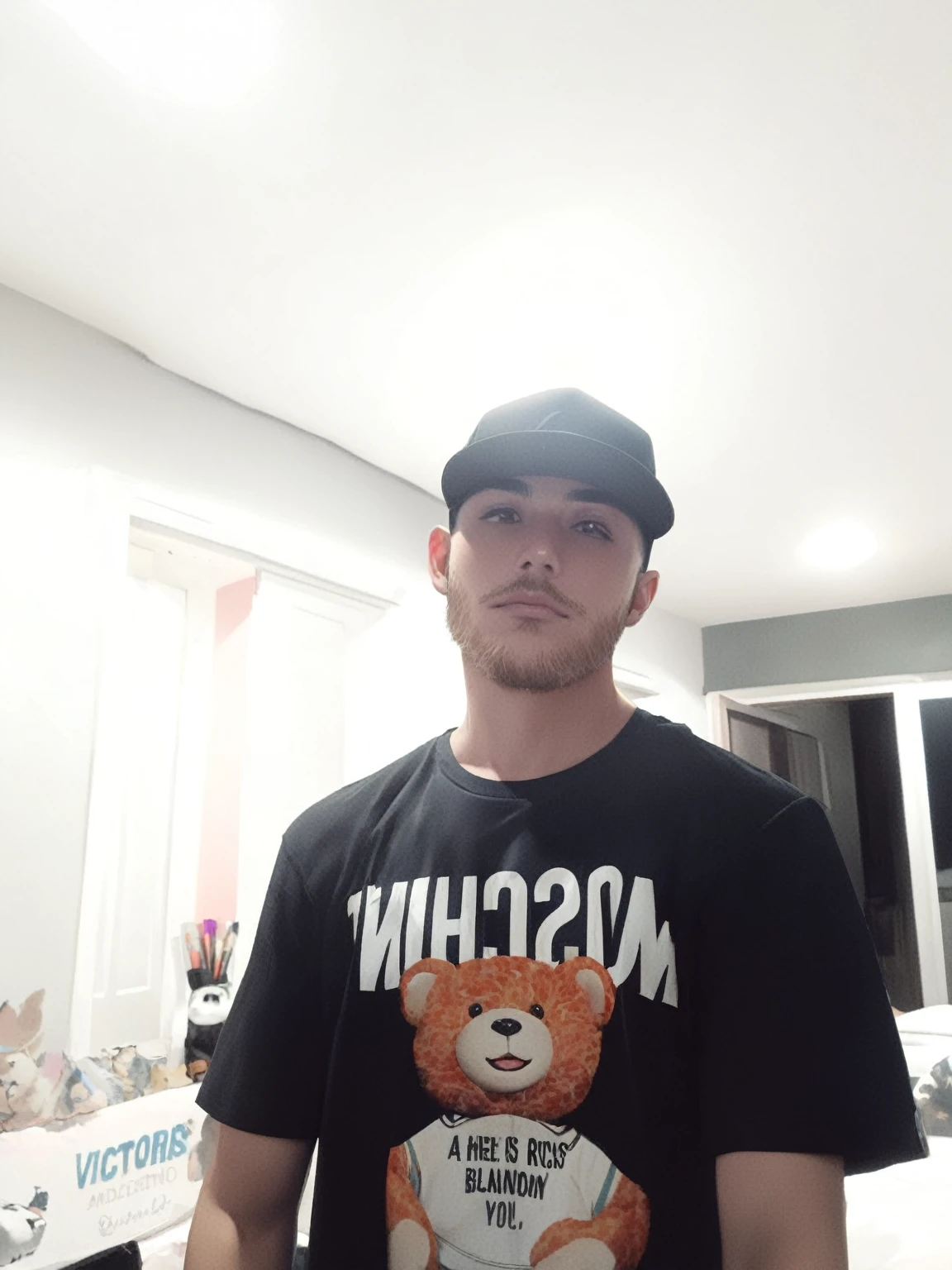 there is a man standing in a room in a black shirt and a hat, with a rap cap on his head, he wears a black t-shirt, carmelo blandino, very very low quality image, inspired by Nathan Oliveira, Caio Santos, Andres Rios, 8k selfie photography, victor maristane, he is wearing a hat, frontal photo