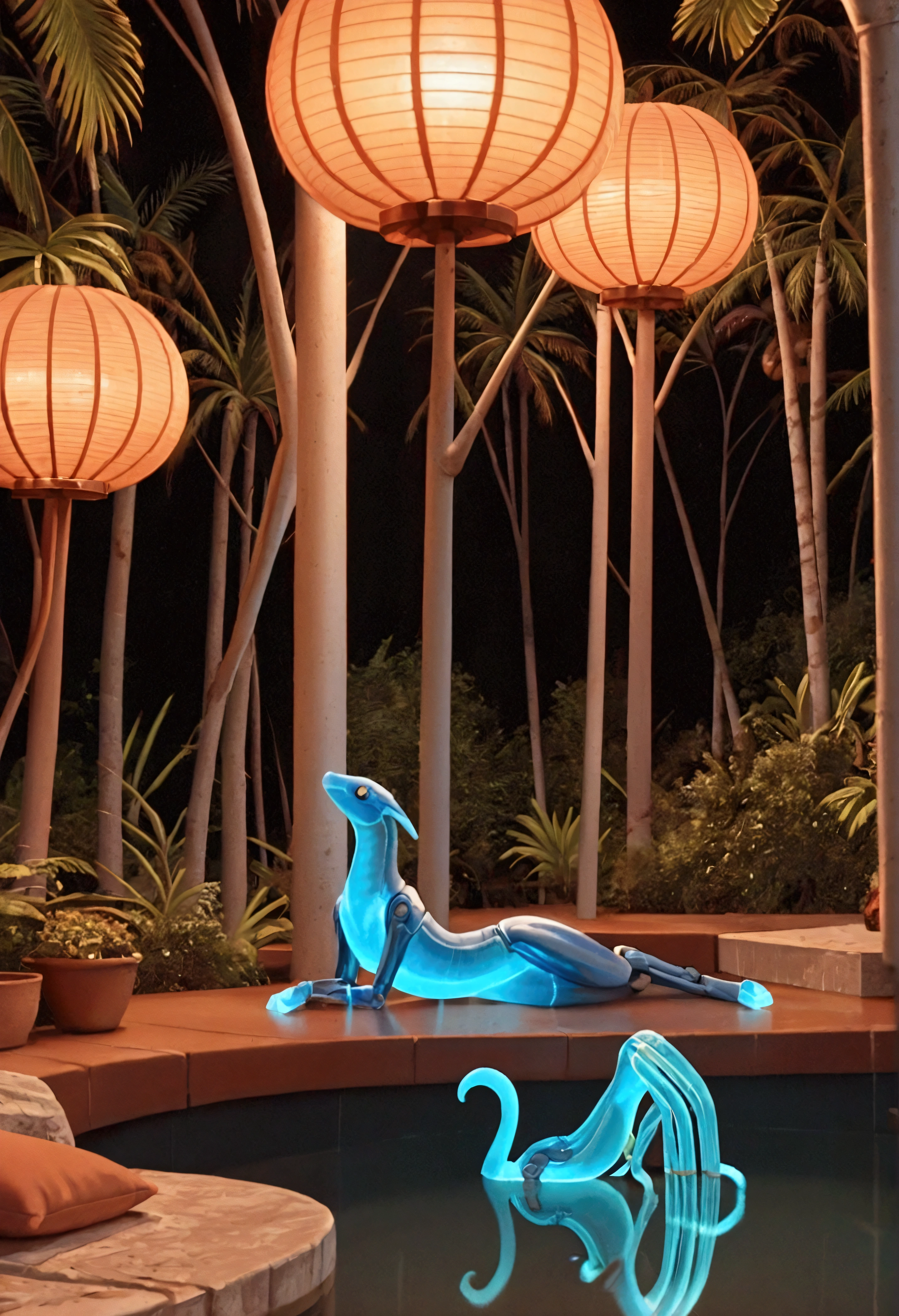 A tropical island filled with (Neon glow, bio mechanical animals), the fruits on the trees are bioluminescent, island at night lit by the animals and fruirs, view along coast