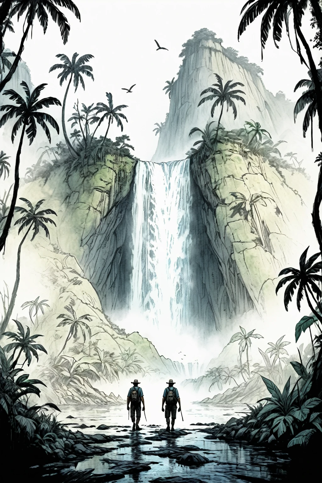 mysterious island, cinematic, image within image, multiple exposure, showcase island, over the shoulder, traversing path, tropical, rewilding, entropy, gritty, noir, 1990s, hand drawn, realism, traveling through jungle, waterfall, sense of adventure and danger, rough expressive sketch style,