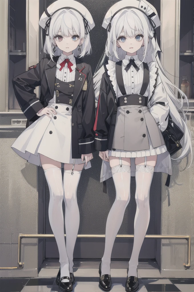 ,twins,white hair,stockings,mature female,