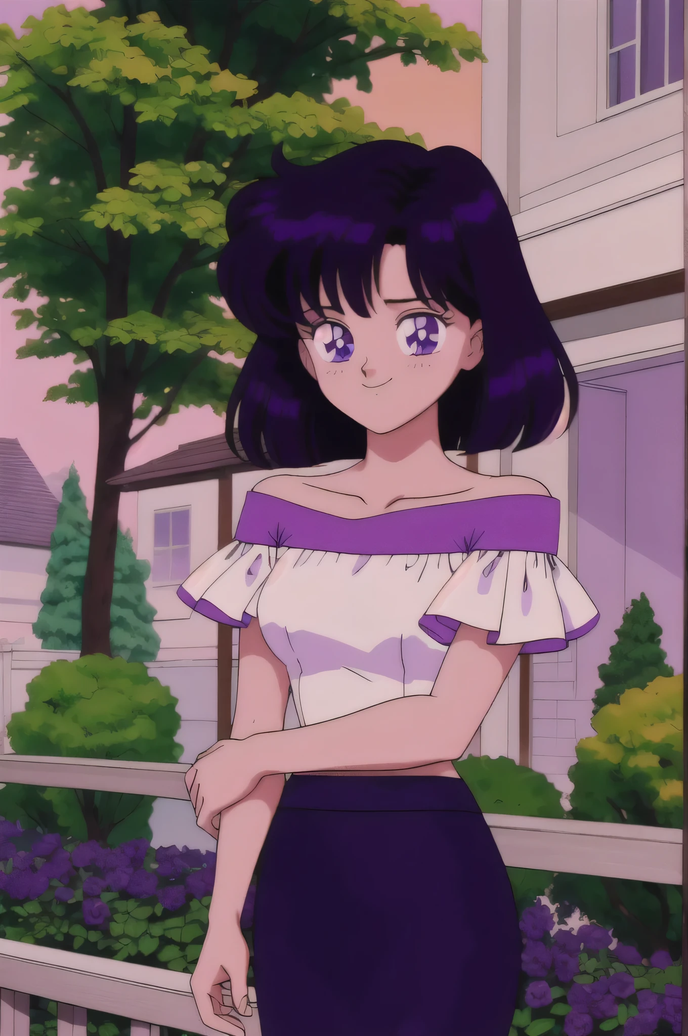 (retro anime girl:1.2), (masterpiece:1.2), (best quality), (ultra detailed), (8k,4k), (half body:1.2), (cowboy:1.2), (close up:1.2), (highly detailed:1.2), (White Ruffle Off-the-shoulder top:1.4), (purple skin tight pencil skirt:1.4), Hotaru Tomoe, 1 girl, solo, Best quality, masterpiece, High Definition, Teenager, Purple Eyes, Beautiful Detail Eyes, Black Bob Hands, Good hands at sides, Seductive Smile, Blushing, Bare Neck, Bare Arms, Bare Shoulders, short sleeve, Strapless, White Ruffle Off-the-Shoulder Top, purple skin tight pencil skirt, standing at the railing in her garden, looking at viewers, garden, sunset skies, rose bushes, outdoor gazebo