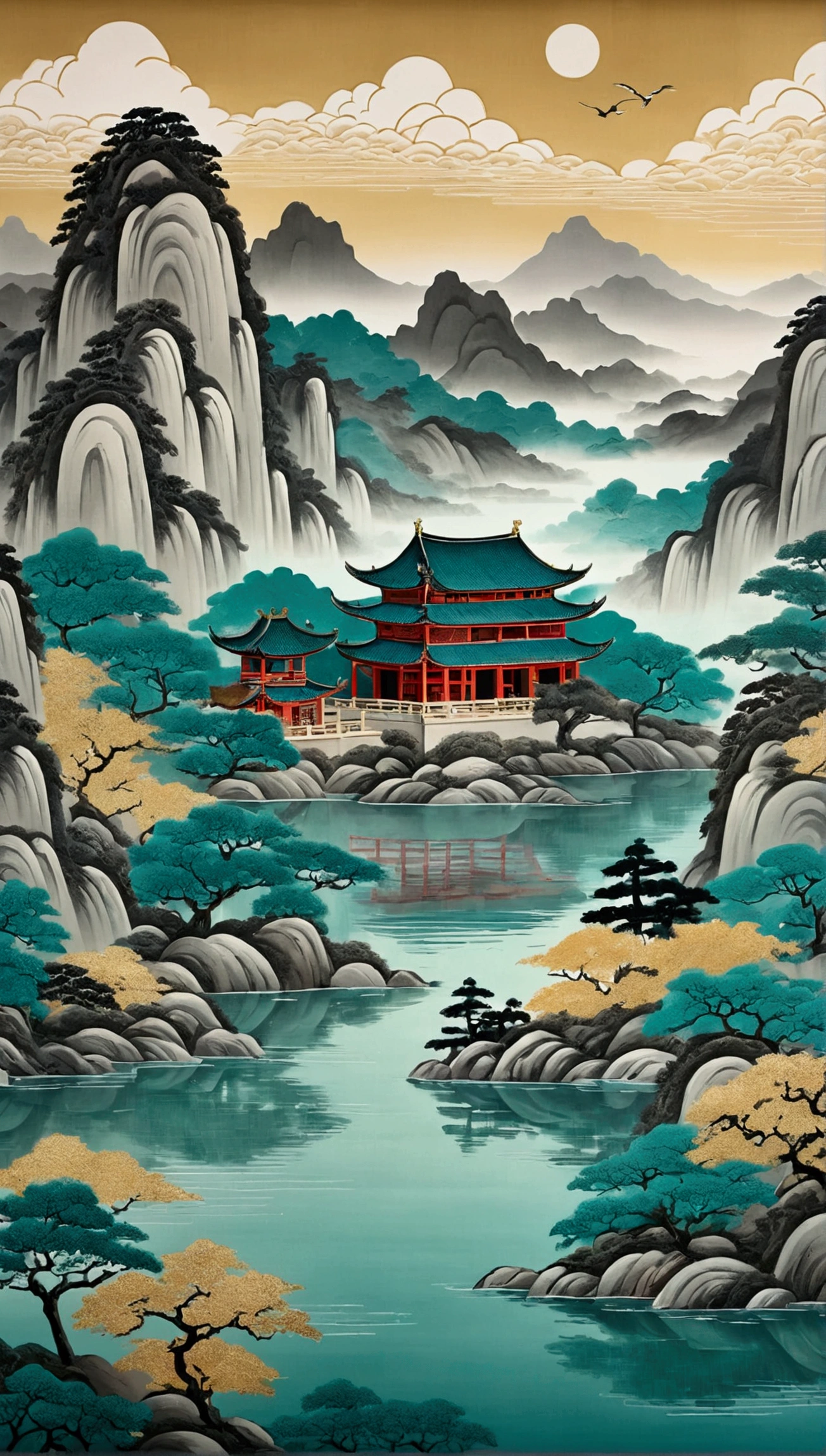 Beautiful Chinese murals, Teal and light gray style, The landscape is layered., Japanese-style art, Great murals, Ricoh FF-9D, Golden Age Aesthetics, exotic landscape